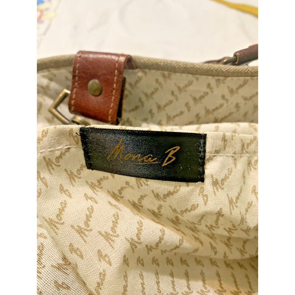 Mona B Tote Bag Cotton Canvas Leather Tan Brown Distressed Lined Recycled Fabric - Picture 4 of 7
